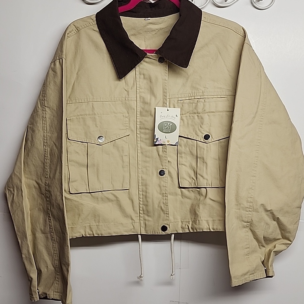 Megfie Light Tan With Dark Brown Collar Sz L Lightweight Barn Jacket Gorpcore - Picture 2 of 10